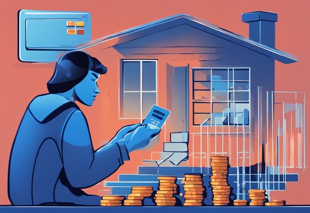 Moderne digitale Illustration einer Person, die über ein Hausmodell nachdenkt, mit Waagen, die Münzen und eine Kreditkarte ausbalancieren, symbolisiert die Entscheidung über die Nutzung von Eigenkapital für Kredit.