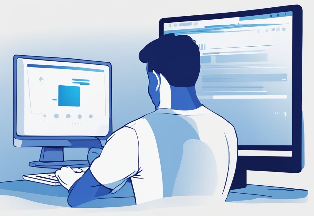 Moderne digitale Illustration eines besorgten Mannes, der auf den Fortschrittsbalken der Targobank Online-Kreditverarbeitung auf seinem Computerbildschirm starrt, Hauptfarbe Blau.