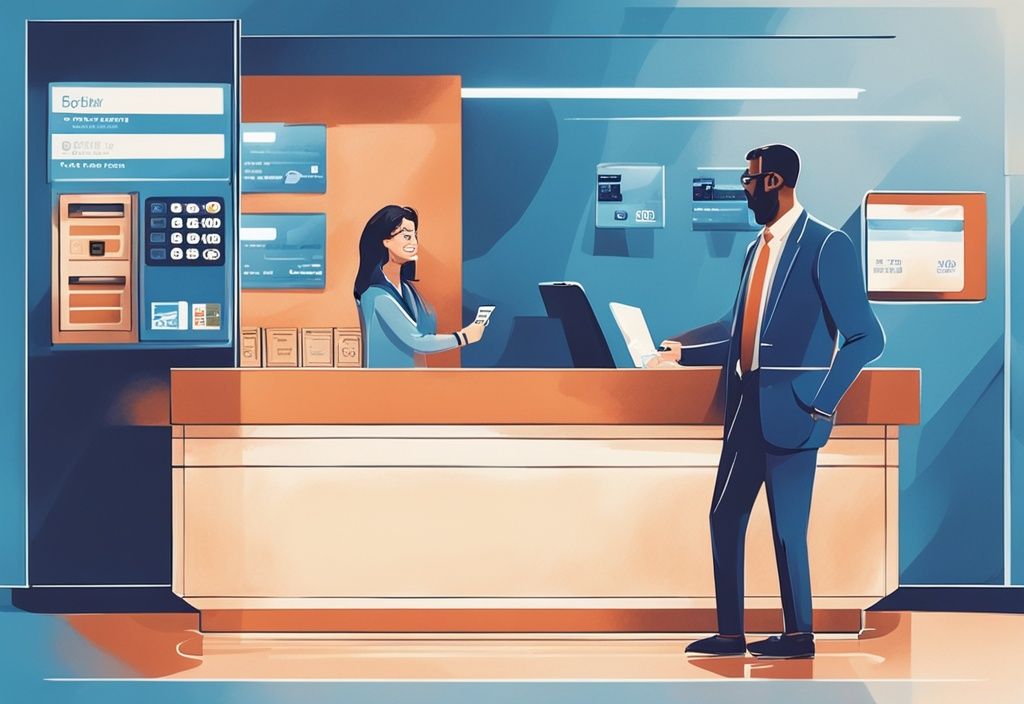 Moderner digitaler Gemäldeillustration eines freundlichen Bankangestellten, der einer erleichterten und lächelnden Kundin in einem gut beleuchteten, minimalistischen Bankinterieur eine Kreditkarte überreicht, Hauptfarbthema Blau.