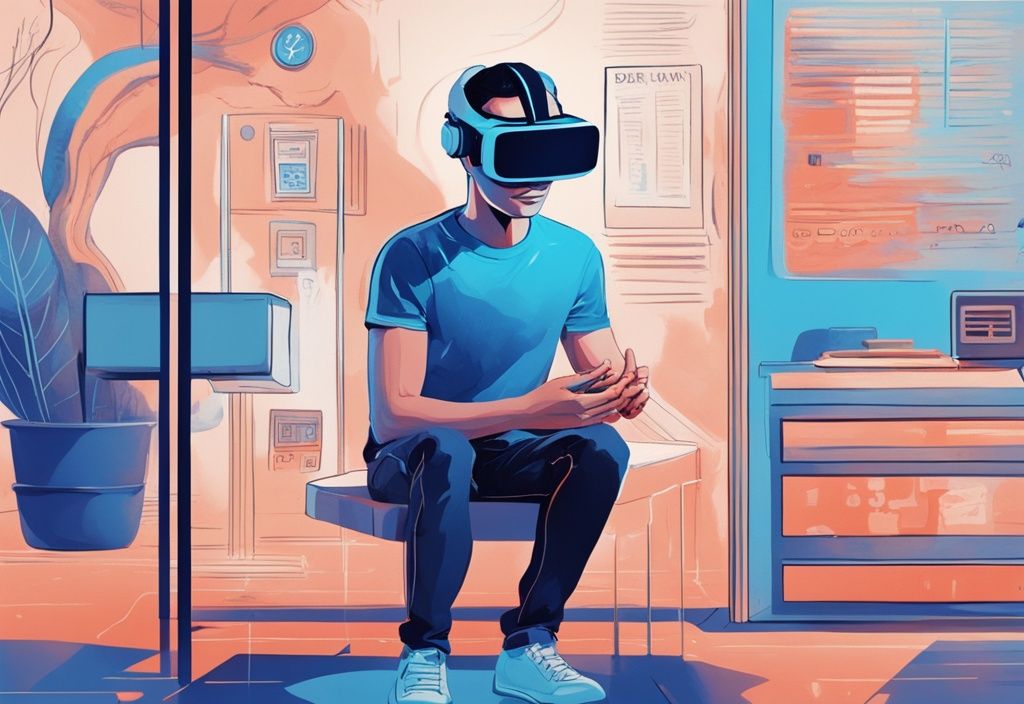 Junger Mann in virtueller Realität, der bei einer futuristischen VR-Bank einen Kredit beantragt, digitale Illustration, blaues Farbschema
