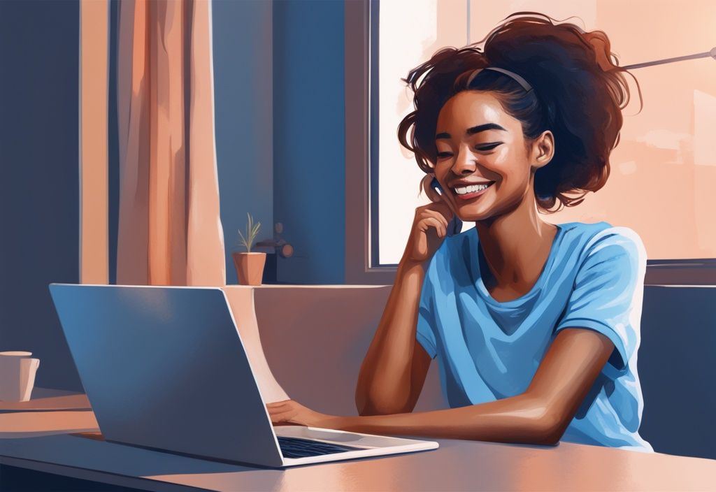 Junge Frau erhält positive Bestätigung für Kurzzeitkredit auf ihrem Laptop, digitale Illustration in Blau.