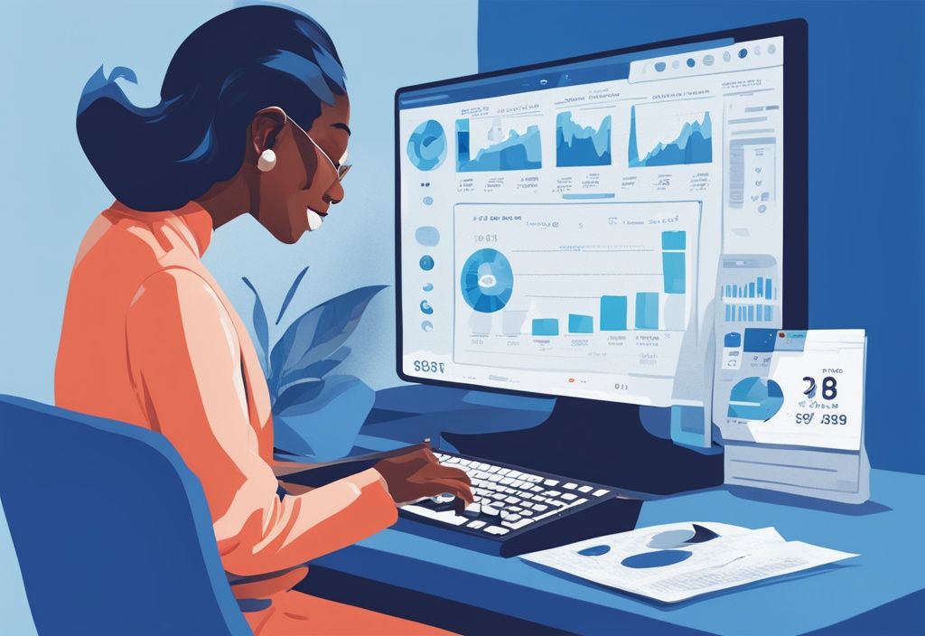 Moderne digitale Malerei mit blauem Farbschema, zeigt eine Person, die freudig einen Computerbildschirm analysiert, der verschiedene niedrige Zinssätze für Kredite anzeigt. was ist ein guter Zinssatz für einen Kredit