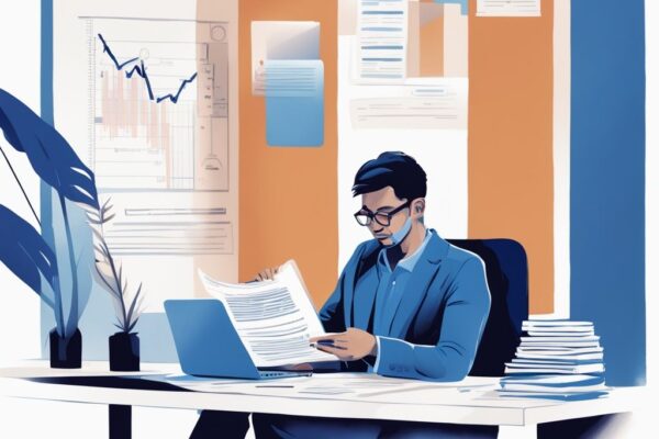 Was ist ein KfW Kredit? Umfassender Leitfaden und wertvolle Tipps Moderne digitale Illustration in Blau: Person am Schreibtisch liest ein Dokument mit der Aufschrift "KfW Kredit", Laptop im Hintergrund zeigt Diagramm mit Rückzahlungsbedingungen. Schlüsselwort: was ist ein KfW Kredit.