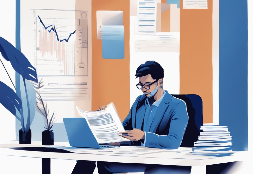 Moderne digitale Illustration in Blau: Person am Schreibtisch liest ein Dokument mit der Aufschrift "KfW Kredit", Laptop im Hintergrund zeigt Diagramm mit Rückzahlungsbedingungen. Schlüsselwort: was ist ein KfW Kredit.