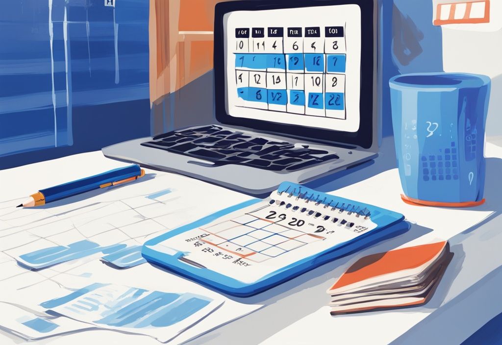 Moderne digitale Illustration in Blau mit Kalender, hervorgehobenen Terminen, Taschenrechner und Stift zur Berechnung des Kreditaufschubs.