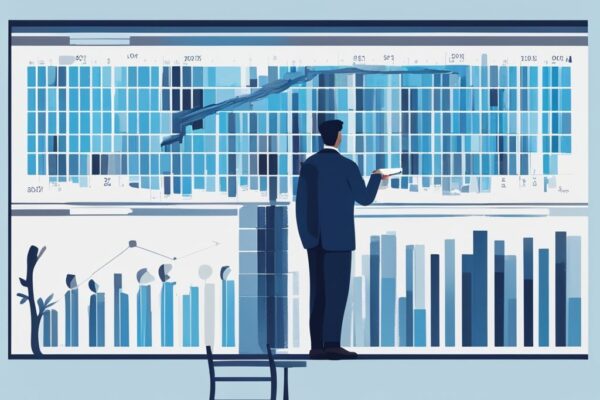 Moderne digitale Illustration einer Person, die ein großes Balkendiagramm analysiert, das Einkommensklassen und entsprechende Kreditbeträge zeigt. Keyword: wie viel Kredit bei welchem Einkommen.