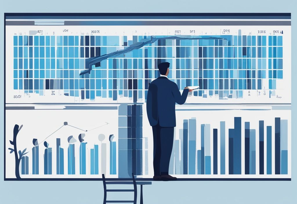 Moderne digitale Illustration einer Person, die ein großes Balkendiagramm analysiert, das Einkommensklassen und entsprechende Kreditbeträge zeigt. Keyword: wie viel Kredit bei welchem Einkommen.