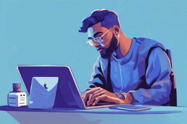 Mann nutzt Online-Kreditrechner auf Laptop, um herauszufinden, wie viel Kredit bekomme ich, mit klar sichtbaren Zahlen und Kreditbeträgen auf dem Bildschirm, in moderner digitaler Malerei mit Blau als Hauptfarbe.