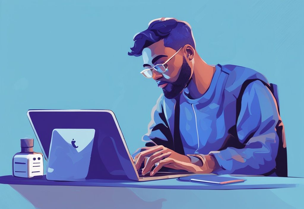 Mann nutzt Online-Kreditrechner auf Laptop, um herauszufinden, wie viel Kredit bekomme ich, mit klar sichtbaren Zahlen und Kreditbeträgen auf dem Bildschirm, in moderner digitaler Malerei mit Blau als Hauptfarbe.