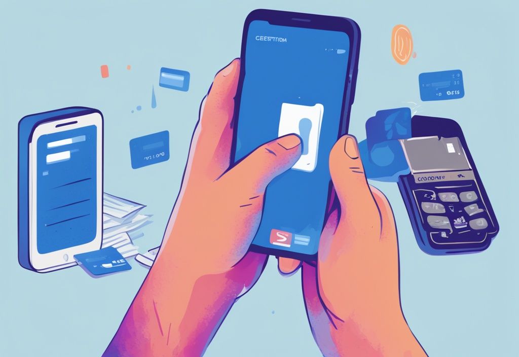 Moderne digitale Illustration einer Person, die eine Benachrichtigung auf ihrem Mobilgerät erhält, dass ein bestimmter Betrag auf ihr Konto überwiesen wurde, Hauptfarbthema Blau.