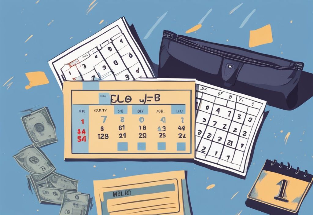 Moderne digitale Malerei mit blauem Farbschema, zeigt Kalender mit markierten Terminen und einem Dollarschein, symbolisiert das Konzept von Terminverschiebung und Kredit; was bedeutet Kredit umschulden.