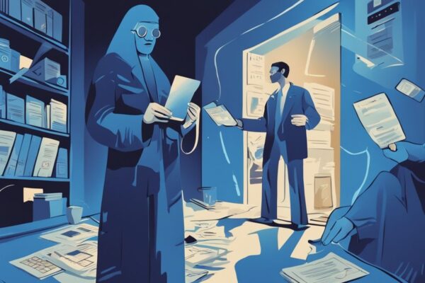 Moderne digitale Illustration einer Person, die freudig eine leuchtende Kreditkarte hält, umgeben von düsteren Figuren von Insolvenzverfahren-Dokumenten, Kredit trotz Insolvenzverfahren.