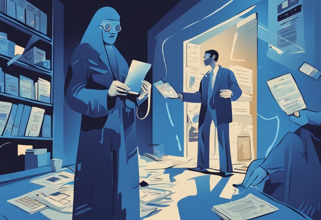 Moderne digitale Illustration einer Person, die freudig eine leuchtende Kreditkarte hält, umgeben von düsteren Figuren von Insolvenzverfahren-Dokumenten, Kredit trotz Insolvenzverfahren.