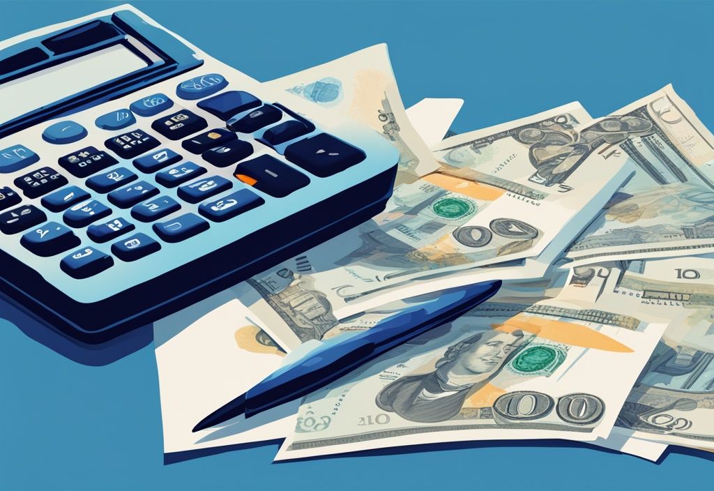 Modernes digitales Gemälde mit blauem Farbschema, 400.000 Euro in Banknoten neben einem Taschenrechner mit berechneten Darlehenskosten, einem Vertrag und einem Stift.