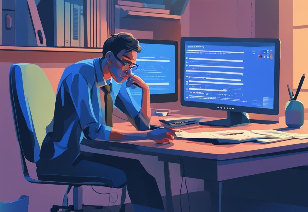 Moderne digitale Illustration eines verwirrten Individuums vor einem Computerbildschirm mit abgelehnter Kreditanfrage und positivem Schufa-Score-Dokument auf dem Schreibtisch, Hauptfarbe Blau