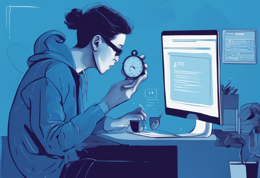 Moderne digitale Malerei mit blauer Farbgebung, Person schaut auf eine Stoppuhr, während auf dem Laptop eine Kreditgenehmigungsbenachrichtigung angezeigt wird.