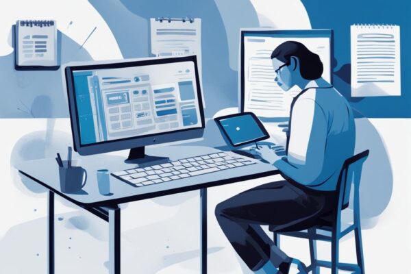Moderne digitale Illustration einer Person am Schreibtisch, die einen Taschenrechner benutzt und Notizen macht, während auf dem Computerbildschirm eine Website zur Kreditberechnung mit einem Hauptbetrag von 5000 angezeigt wird, wie viel Kredit bei 5000 netto.