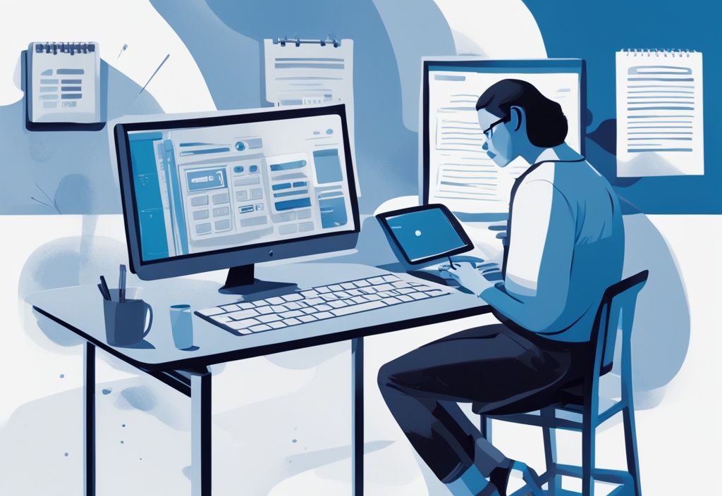 Moderne digitale Illustration einer Person am Schreibtisch, die einen Taschenrechner benutzt und Notizen macht, während auf dem Computerbildschirm eine Website zur Kreditberechnung mit einem Hauptbetrag von 5000 angezeigt wird, wie viel Kredit bei 5000 netto.