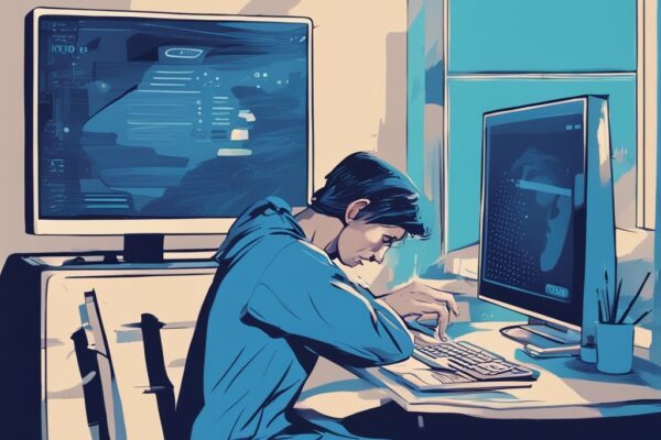 Kredit Abgelehnt: Wie Lange Warten und was jetzt zu tun ist? Besorgte Person am Schreibtisch vor einem Computer mit "Kredit abgelehnt" Nachricht, während die Uhr im Hintergrund die Zeit anzeigt - Kredit abgelehnt wie lange warten.