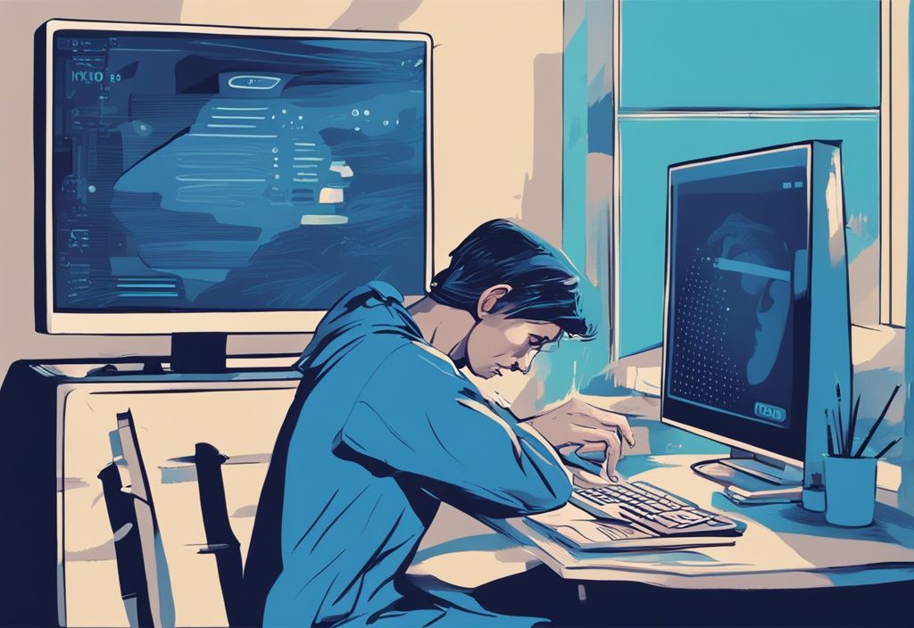 Besorgte Person am Schreibtisch vor einem Computer mit "Kredit abgelehnt" Nachricht, während die Uhr im Hintergrund die Zeit anzeigt - Kredit abgelehnt wie lange warten.