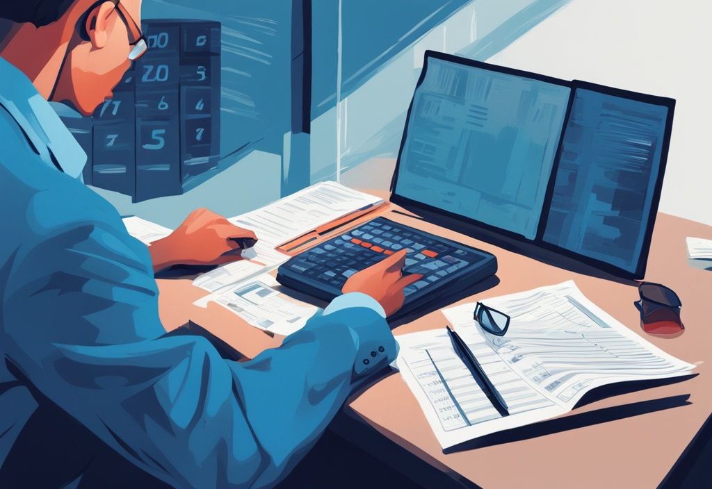 Moderner digitaler Gemäldeillustration eines Mannes, der einen Taschenrechner neben einem Tisch voller Finanzdokumente verwendet, mit der Zahl 3000 prominent auf einem Laptop-Bildschirm angezeigt.