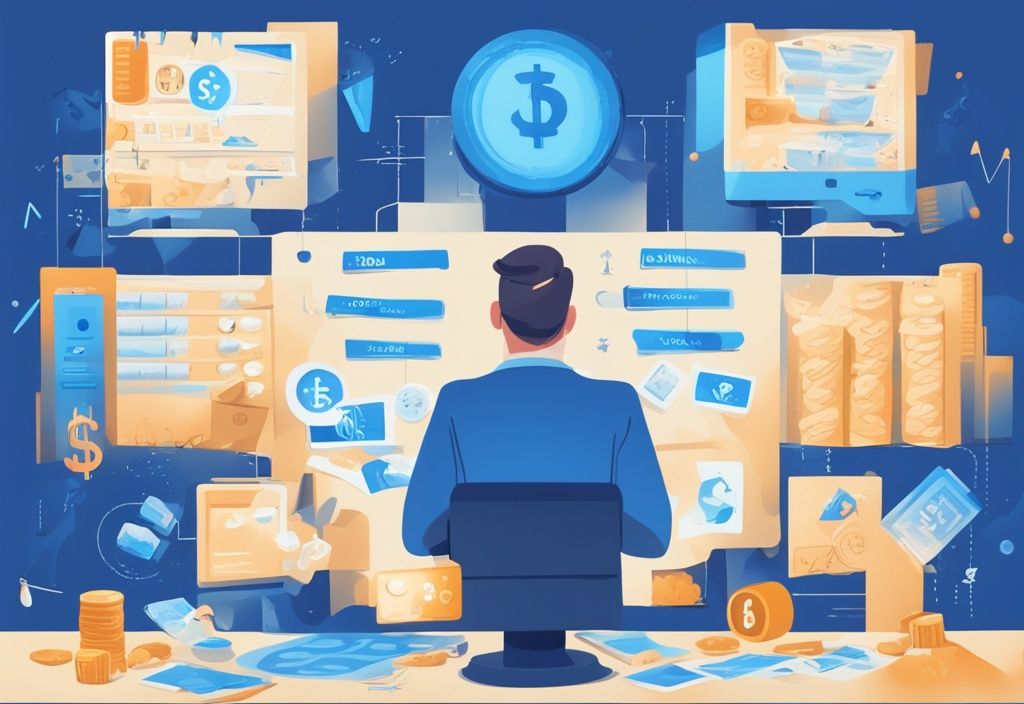 Moderne digitale Malerei mit blauem Farbschema, verschiedene Einkommensquellen wie Gehalt, Mieteinnahmen, Dividenden und freiberufliche Arbeit als Token, die in eine Kreditbewertungsskala eingehen.
