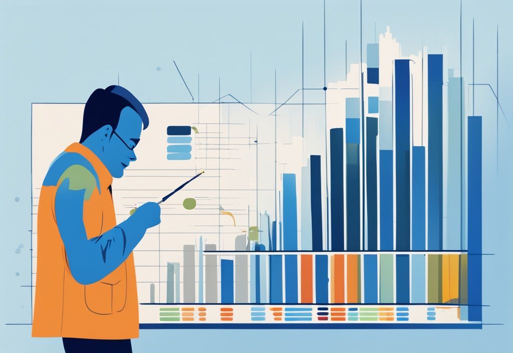 Moderne digitale Illustration einer Person, die ein großes Balkendiagramm mit Einkommensklassen auf der x-Achse und entsprechenden Kreditbeträgen auf der y-Achse untersucht; Thema: wie viel Kredit bei welchem Einkommen.