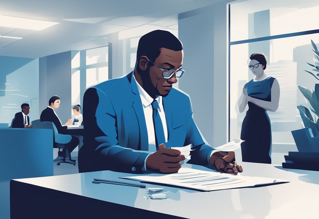 Moderne digitale Illustration in Blau: Person spricht mit freundlichem Bankvertreter in modernem Bankbüro, Krankenschein auf dem Tisch deutet auf finanzielle Schwierigkeiten hin, welche Bank gibt Kredit trotz Krankengeld.