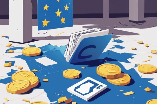 Moderne digitale Illustration in Blau: Zerschmettertes Euro-Symbol am Boden, besorgte Person prüft ihre Kreditkarte - was passiert mit meinem Kredit wenn der Euro zerbricht?