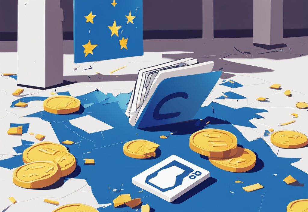 Moderne digitale Illustration in Blau: Zerschmettertes Euro-Symbol am Boden, besorgte Person prüft ihre Kreditkarte - was passiert mit meinem Kredit wenn der Euro zerbricht?