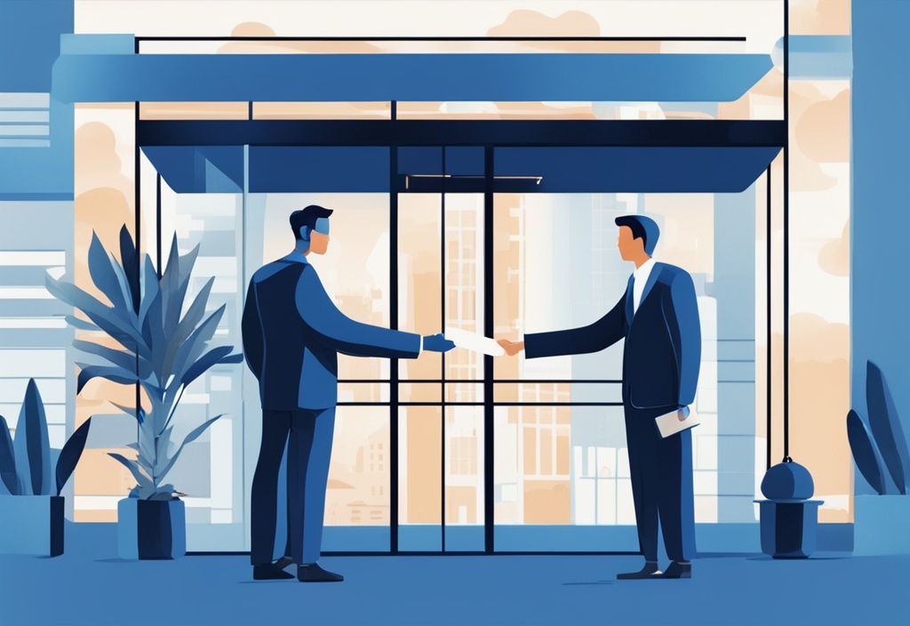 Bankvertreter schüttelt Paar die Hand vor ausländischer Immobilie, symbolisiert Immobilienkredit für Auslandskauf, moderne digitale Illustration in Blau.