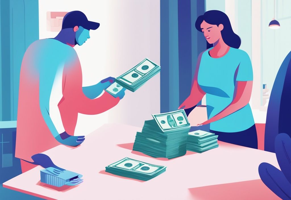 Moderner digitaler Gemäldeillustration eines Hauskäufers, der einem Bankvertreter ein Bündel Bargeld überreicht, mit Grafiken im Hintergrund, die sinkende Zinssätze zeigen.
