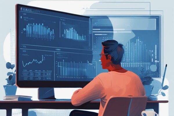 Moderne digitale Illustration einer Person, die vor einem Computerbildschirm steht und eine Berechnung zum Thema wie viel Kredit bei 3500 netto betrachtet.