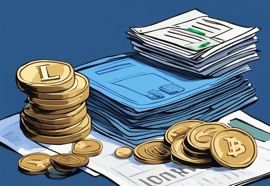 Digitale Illustration eines Darlehensvertrags mit Münzen und Banknoten, blaues Farbschema