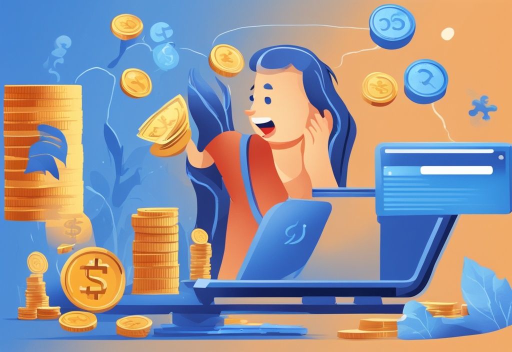Moderne digitale Malerei mit blauer Farbgebung, die verschiedene Einkommensquellen wie Gehalt, Mieteinnahmen, Dividenden und freiberufliche Arbeit als Token zeigt, die in eine Kreditbewertungsskala einfließen.