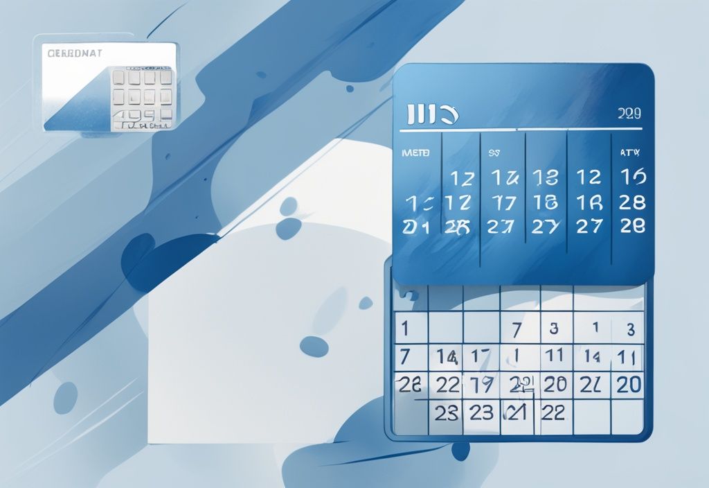 Digitale Illustration mit blauem Farbschema, Kalender markiert Zeit, überlagert von verblassender Kreditkarte und Schufa-Logo, symbolisiert Dauer eines abgelehnten Kredits auf Schufa-Eintrag.