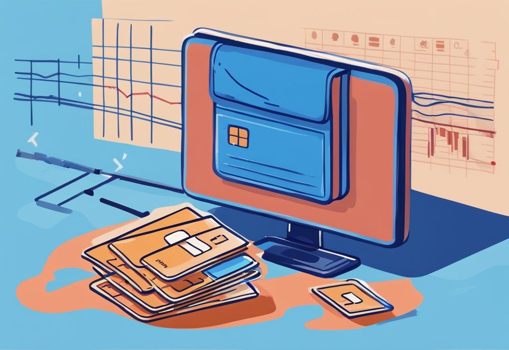 Digitale Illustration eines blauen Themas mit einer Brieftasche und Kreditkarten neben einem Computerbildschirm, der den Prozess zur Erlangung eines Überziehungskredits zeigt, unterstrichen von einem schwankenden Finanzdiagramm.