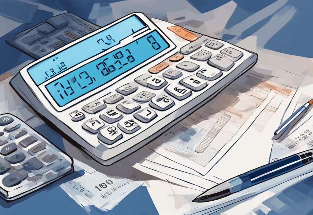 Moderne digitale Illustration mit einem blauen Farbschema, die einen Taschenrechner mit einer Anzeige von 150.000 € und einen Stapel Papierkram darstellt, der den Prozess und die Kosten eines Kredits symbolisiert.