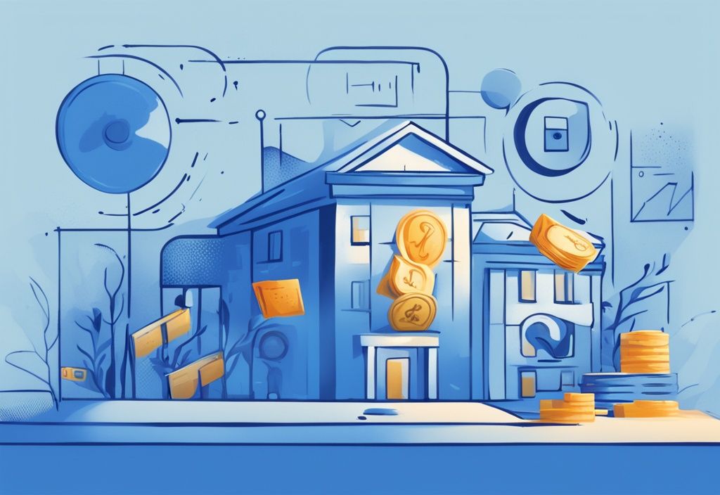 Digitales Gemälde in Blau, das den Unterschied zwischen Darlehen und Kredit zeigt: linke Seite mit Zinssätzen, Zahlungsbedingungen und Sicherheit, rechte Seite mit Kreditlimit, Nutzung und Rückzahlungsflexibilität. Keyword: was ist der Unterschied zwischen Darlehen und Kredit.