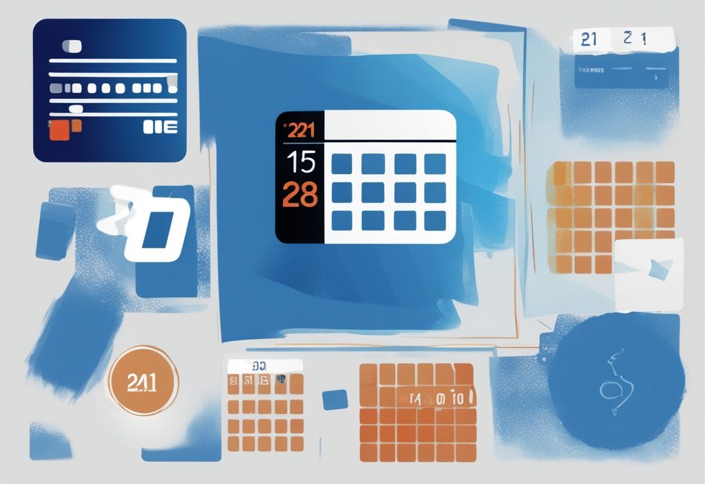 Moderne digitale Malerei in Blau, Kalender markiert Zeit, überlagert von verblassender Kreditkarte und Schufa-Logo, symbolisiert Dauer eines abgelehnten Kredits auf Schufa-Eintrag.