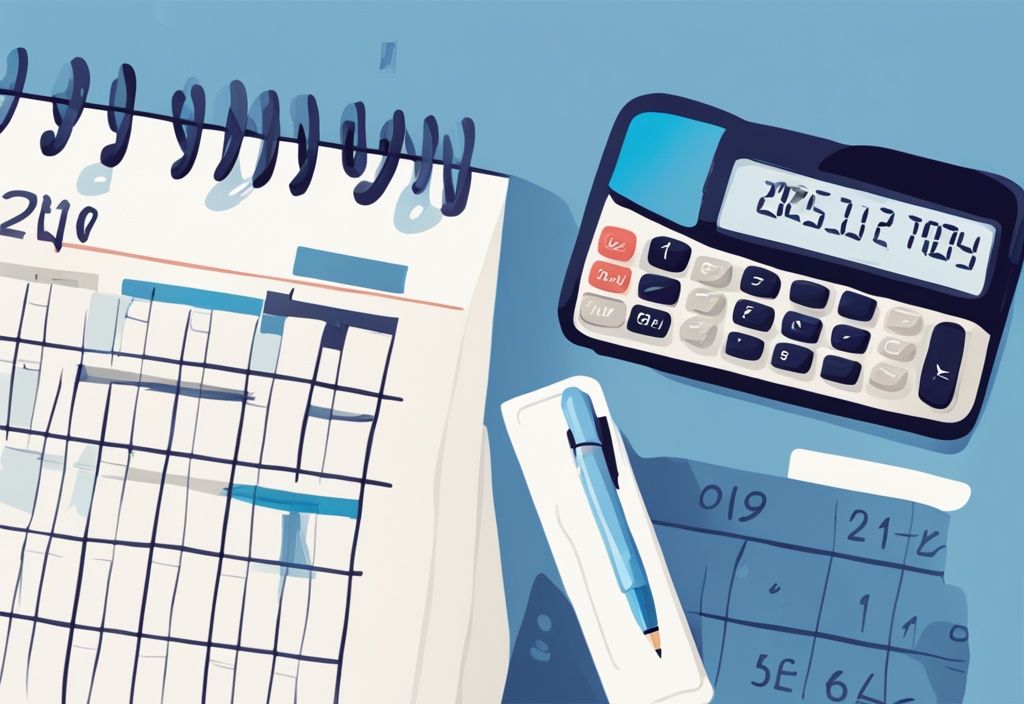 Moderne digitale Malerei mit blauem Farbschema, Kalender auf einem Tisch mit markierten Terminen, Taschenrechner und Stift daneben, symbolisiert Berechnung des Kreditaufschubzeitraums.
