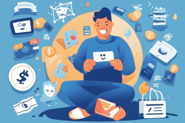 Moderne digitale Illustration einer glücklichen Person umgeben von Finanzsymbolen wie Kreditkarten, Banknoten, Sparschwein und steigendem Diagramm, die erfolgreiche Finanzverwaltung und positive Kredit Erfahrungen darstellen, My Best Finance Kredit Erfahrungen.