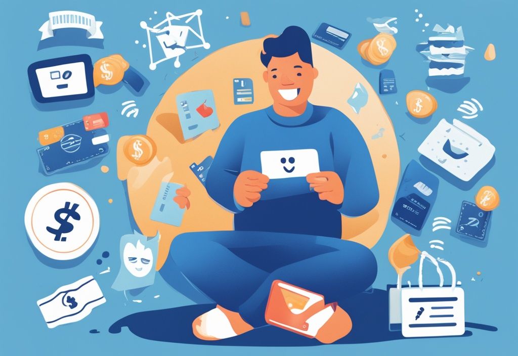 Moderne digitale Illustration einer glücklichen Person umgeben von Finanzsymbolen wie Kreditkarten, Banknoten, Sparschwein und steigendem Diagramm, die erfolgreiche Finanzverwaltung und positive Kredit Erfahrungen darstellen, My Best Finance Kredit Erfahrungen.