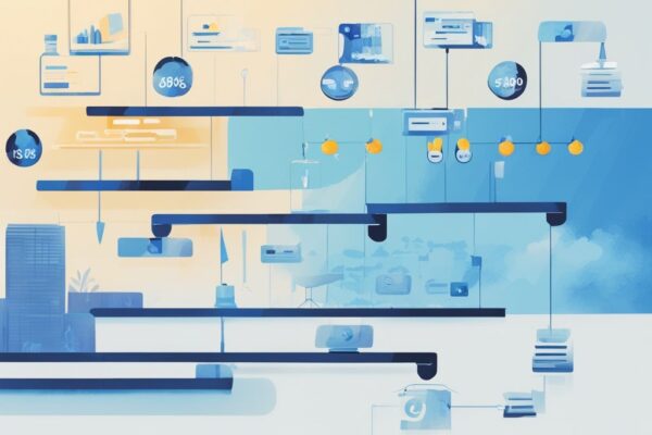 Moderne digitale Illustration in Blau, die eine Zeitleiste der verschiedenen Phasen des Kreditprozesses bei Auxmoney zeigt, mit Fokus auf die Phase, ab wann kann man bei Auxmoney Kredit aufstocken.