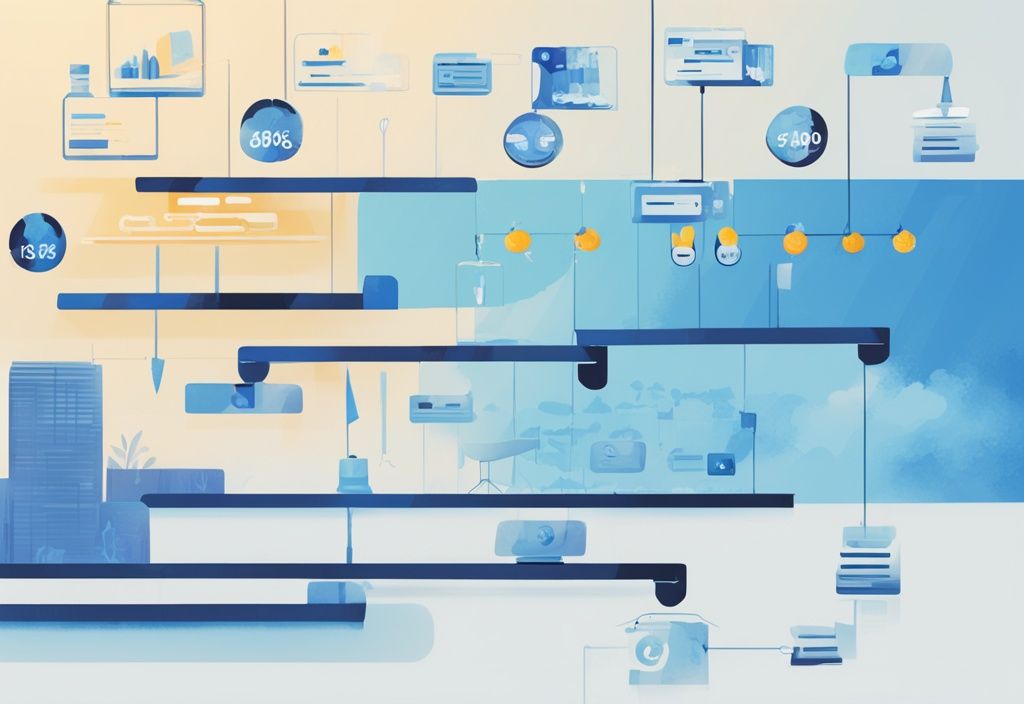 Moderne digitale Illustration in Blau, die eine Zeitleiste der verschiedenen Phasen des Kreditprozesses bei Auxmoney zeigt, mit Fokus auf die Phase, ab wann kann man bei Auxmoney Kredit aufstocken.
