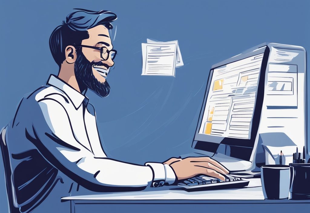 Moderne digitale Illustration einer glücklichen Person, die an einem Schreibtisch sitzt und auf einem Computerbildschirm eine Kreditvereinbarung oder einen Kreditrechner mit einem Nettoeinkommen von 3500 durchsieht.