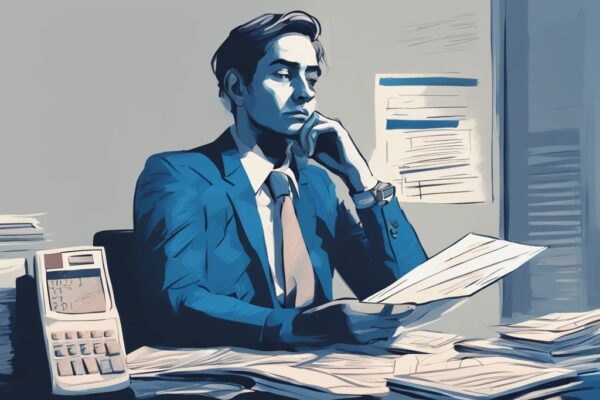 Moderne digitale Illustration eines nachdenklichen Individuums, das einem Bankvertreter gegenübersitzt, mit Kreditantragsformularen und einem Taschenrechner dazwischen, um die Entscheidungsfindung beim Kredit aufnehmen was beachten zu betonen.