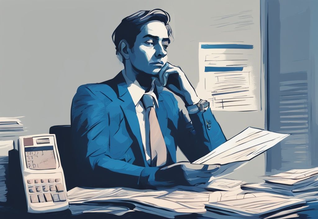 Moderne digitale Illustration eines nachdenklichen Individuums, das einem Bankvertreter gegenübersitzt, mit Kreditantragsformularen und einem Taschenrechner dazwischen, um die Entscheidungsfindung beim Kredit aufnehmen was beachten zu betonen.