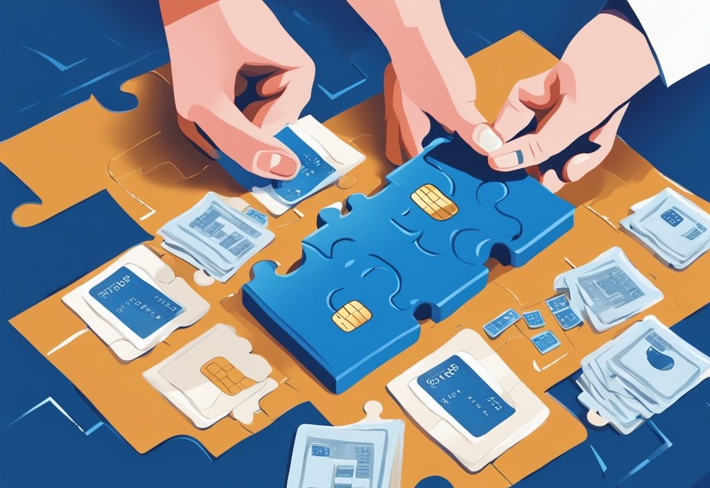 Digitale Illustration mit blauer Farbgebung, zwei Hände fügen Puzzleteile zusammen, die eine Kreditkarte und einen Bausparvertrag darstellen.