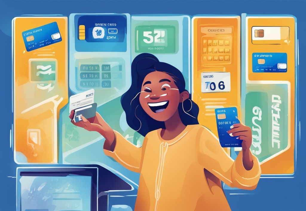 Moderne digitale Malerei mit blauem Farbschema, lächelnde Person zeigt begeistert verschiedene Bankkarten und eine hohe Kreditwürdigkeit auf einem digitalen Bildschirm, symbolisiert effizientes Finanzmanagement.